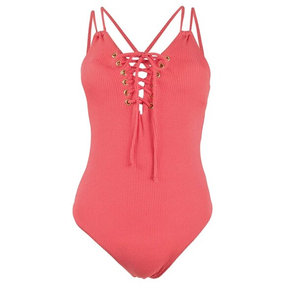 Hula Honey Shimmer Rib Lace-up One-Piece Swimsuit in Vintage Red NWT Medium - Picture 3 of 8